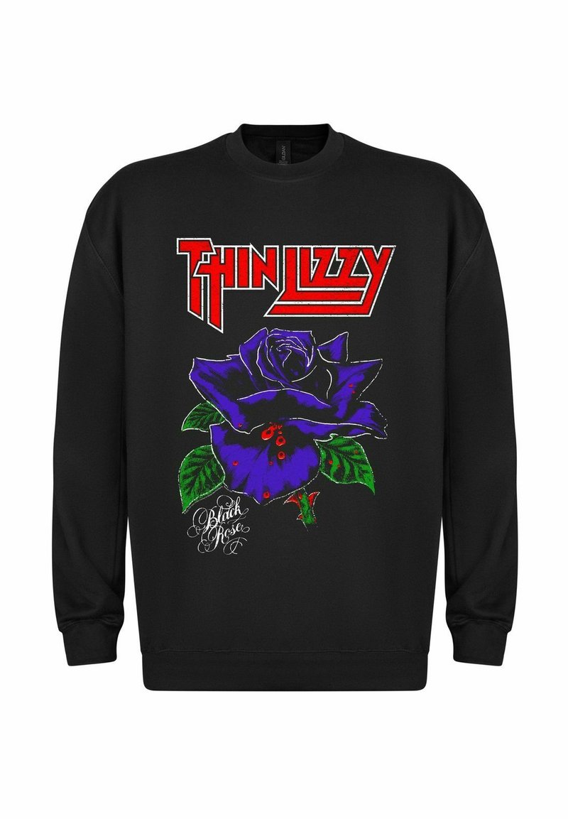 Svart hettegenser med et grafisk trykk av en lilla rose og teksten "Thin Lizzy" i rødt. Detaljerte blader og aksenter forsterker designet.
