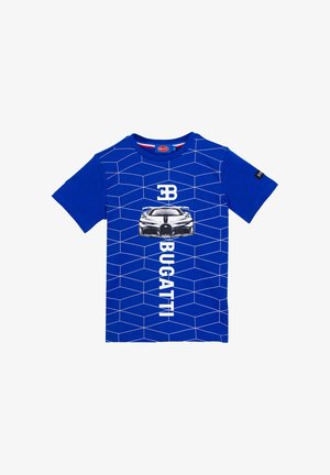 Bright blue short-sleeve T-shirt with white geometric lines, Bugatti logo, and a black-and-white sports car graphic on the front.