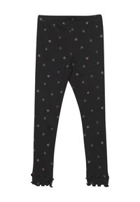 Mallas negras hechas de tela elástica, con un patrón de pequeños corazones multicolores y un dobladillo con volantes en la parte inferior.