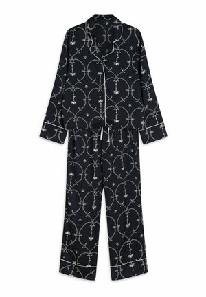 Granatowy, długorękawowy zestaw piżamowy z białym geometrycznym wzorem kwiatowym oraz białą lamówką przy kołnierzyku, mankietach i dolnych brzegach spodni.