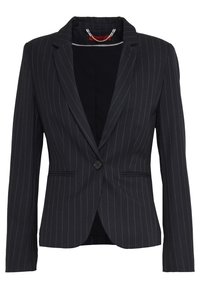 Damska czarna marynarka w prążki z klapami, długimi rękawami, jednym guzikem z przodu oraz dwiema kieszeniami. 