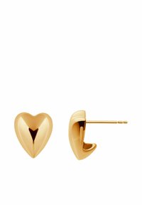 Złote kolczyki w kształcie serca z polerowaną powierzchnią, posiadające zakrzywiony kształt i zapięcie zapewniające pewne noszenie.