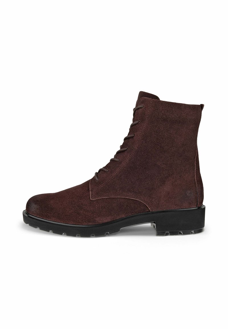 Brown suede ankle boots with a lace-up front, rounded toe, and a rubber sole featuring a textured grip pattern.
