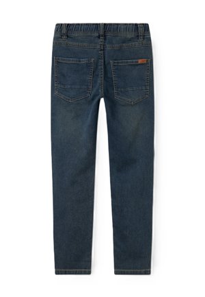 Dunkelblaue Jeans mit einem dehnbaren Bund, zwei Gesäßtaschen, geradem Beinverlauf und dezentem Verblassen des Stoffes.