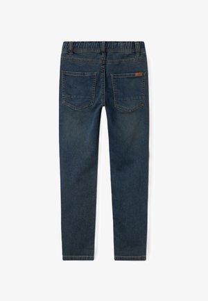 Jeans blu scuro con una cintura elastica, due tasche posteriori, design a gamba dritta e leggeri sbiadimenti sul tessuto.