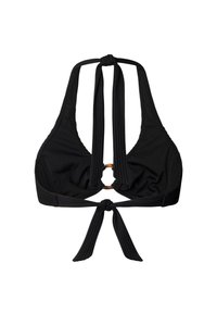 Juodas bikini viršus su kaklo rišimu, centru žiedu ir tekstūruotomis juostelėmis, surištas kaklo ir nugaros srityse, kad būtų galima pritaikyti.