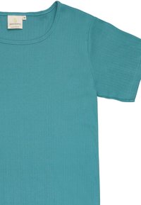 Top a maniche corte rigato color teal con scollatura rotonda. Tessuto morbido, con etichetta con il nome del marchio e la taglia all'interno del colletto.