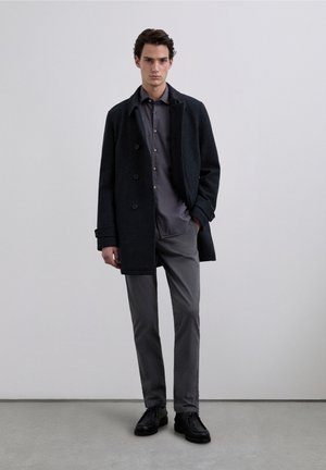 Donkere wollen jas met dubbelgeknoopt ontwerp, gecombineerd met een lichtgrijs overhemd met knopen, grijze broek en zwarte schoenen. Soepele texturen, minimalistische stijl.