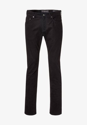 Jean noir en denim, doté d'une coupe droite, de cinq poches et d'une braguette à boutons. Le tissu a une texture lisse avec des coutures contrastantes.