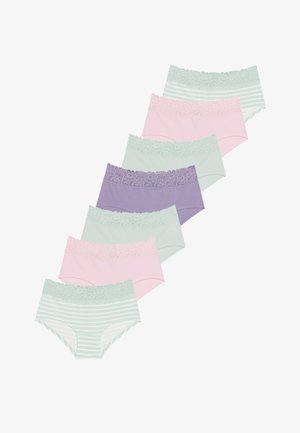 Syv par dametruser med blonder i pastellfarger: lavendel, myntgrønn, rosa og stripete design. Myk, elastisk stoff.