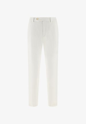 Pantaloni sartoriali avorio con passanti per cintura, bottone frontale, chiusura lampo e tasche laterali, mostrati su sfondo bianco.