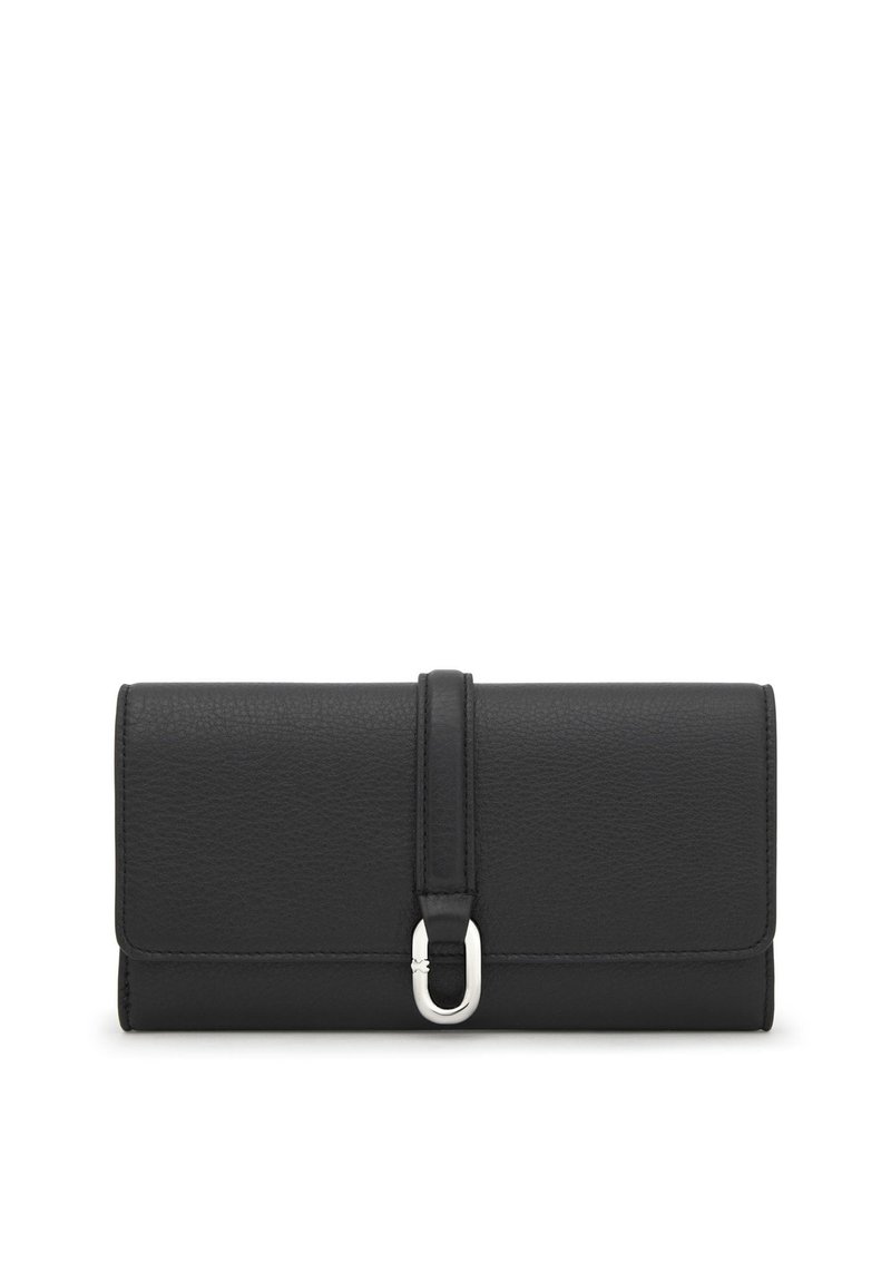 Schwarzes Lederportemonnaie mit strukturierter Oberfläche, rechteckiger Form und silberner Schnallenverschluss. Verfügt über einen vorderen Riemen für sicheren Halt.