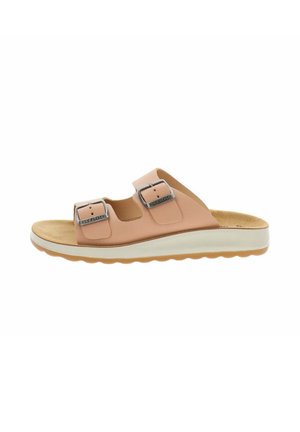 Sandalo beige aperto con due cinturini regolabili con fibbia e suola sagomata e imbottita.