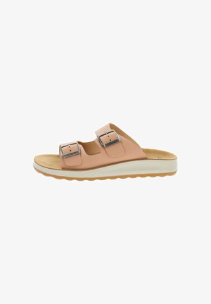 Sandalo beige aperto con due cinturini regolabili con fibbia e suola sagomata e imbottita.