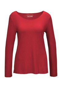 Rotes Langarm-T-Shirt aus weichem Material mit weitem, rundem Ausschnitt und geradem Schnitt. Es hat keine Muster oder zusätzlichen Akzente.