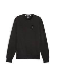 Felpa nera in cotone, con scollo rotondo, polsini a costine e un piccolo logo bianco sul petto. Tessuto liscio, vestibilità casual.