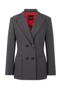 Gray double-breasted blazer with textured fabric, two front pockets, and black buttons. Inner lining features a red collar.