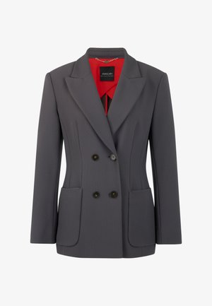 Grau doppelreihiger Blazer aus strukturiertem Stoff mit zwei Fronttaschen und schwarzen Knöpfen. Das Innenfutter hat einen roten Kragen.