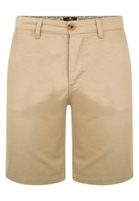 Beige bavlněné chino šortky s poutky na opasek, předním zapínáním na knoflík, zipem a postranními kapsami, vystavené na bílém pozadí.