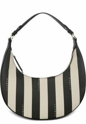 Zwart-witte, verticaal gestreepte halve maan handtas met een enkele zwarte riem en het Bugatti-logo op meerdere strepen.