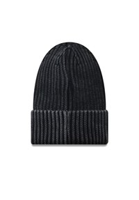 Căciulă tricotată neagră, cu un manșon răsucit, având o textură de nervuri verticale și o coroană ușor întredeschisă. Material moale din acril.