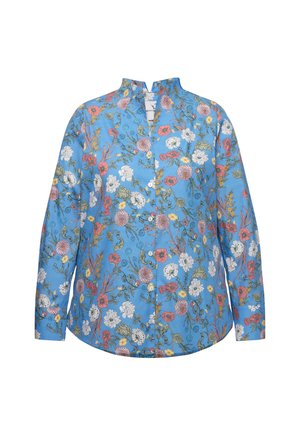 Blusa floreale blu con maniche lunghe, colletto alla cinese, caratterizzata da una varietà di fiori in rosa, bianco e giallo su uno sfondo blu.