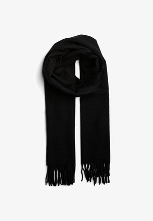 Czarny szalik wykonany z teksturowanej tkaniny, z frędzlami na obu końcach. Wzór jest prosty, z miękkim, tkanym wykończeniem.