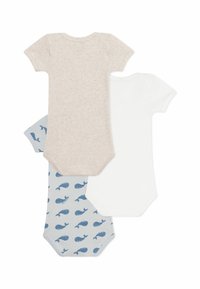 Tre kortermede bodysuits: en beige, en hvit og en lyseblå med hvalmønster. Myk bomullsstoff og trykknap-lukking.