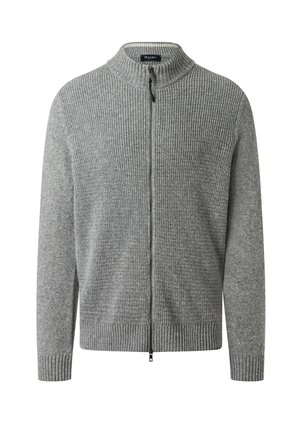 Gray zip-up sweater with a ribbed texture, high collar, and knitted fabric. Features a straight cut and fitted cuffs.