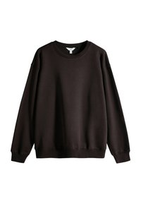 Schwarzer Sweatshirt mit weicher Textur, Rundhalsausschnitt und fallenden Schultern. Mit gerippten Bündchen und Saum. Schlichtes Design ohne Muster oder Grafiken.