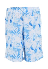 Blå og hvite badebukser med marmormønster, med mesh-stoff, elastisk midje og knelang lengde.