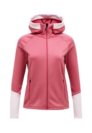 Pink jakke med fuld lynlås og hætte, lange ærmer med lyserøde manchetter og lynlåslommer i siden, vist forfra på en hvid baggrund.