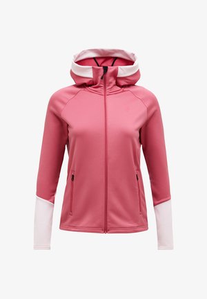 Pink jakke med fuld lynlås og hætte, lange ærmer med lyserøde manchetter og lynlåslommer i siden, vist forfra på en hvid baggrund.