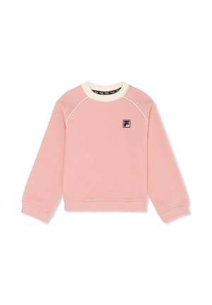 Felpa rosa a maniche lunghe con bordo del collo rotondo bianco e piccolo logo nero a forma di "F" sul lato sinistro del petto, distesa su sfondo bianco.