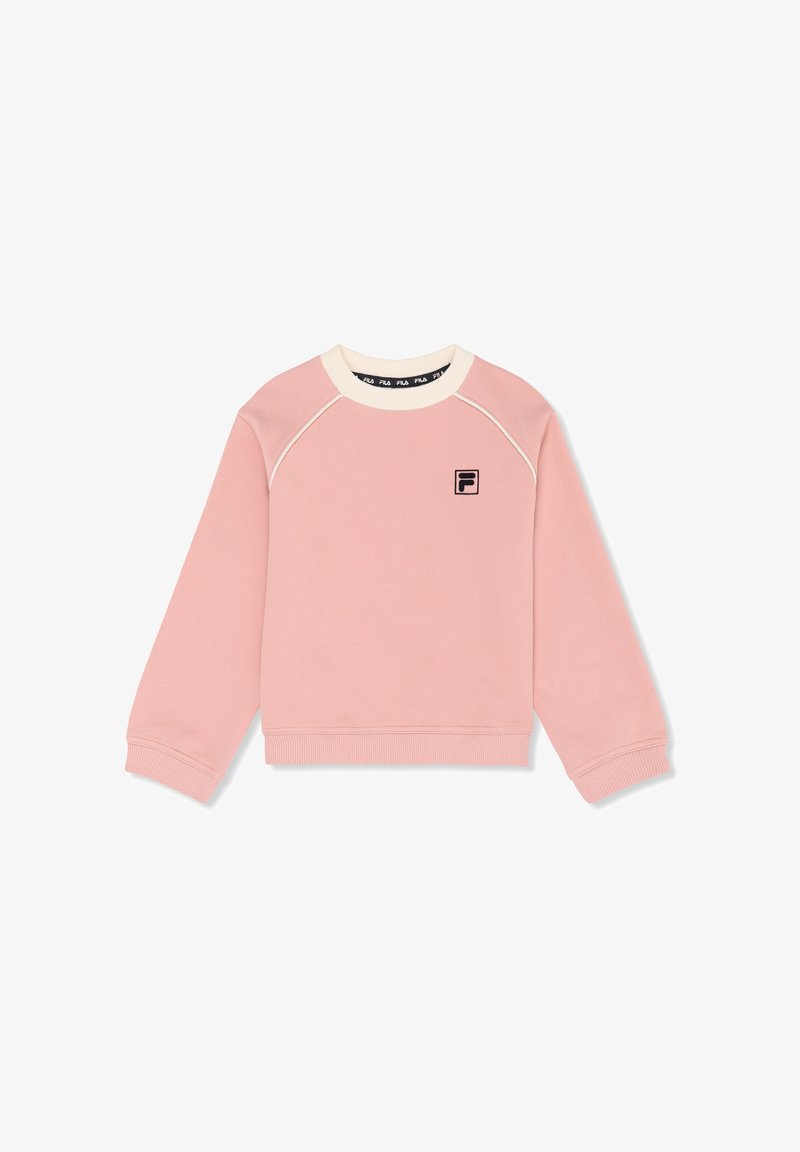 Sweat-shirt rose à manches longues avec col rond blanc et petit logo noir "F" sur la poitrine gauche, posé à plat sur fond blanc.