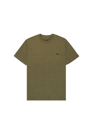 Olivgrünes T-Shirt mit kurzen Ärmeln aus strukturiertem Stoff, ausgestattet mit einem kleinen schwarzen Logo auf der linken Brustseite. Runder Ausschnitt.