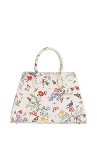 Floral handbag with a structured design, white leather-like material, featuring colorful butterflies and flowers on the exterior, dual handles.