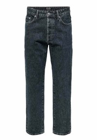 Jeans in denim nero con una vestibilità ampia, caratterizzati da cinque tasche, chiusura con bottone classica e una leggera scoloritura per un aspetto testurizzato.