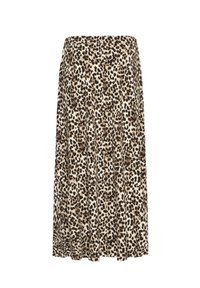 Leopardmönstrad midikjol i mjukt tyg, med en draperad midja och flödande design i nyanser av brunt, beige och svart.