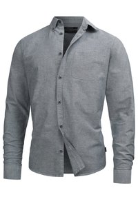 Gray button-up shirt made of a textured fabric, featuring a single chest pocket, long sleeves, and a classic collar.
