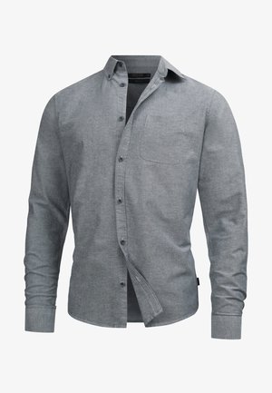 Grijze overhemd met knopen, gemaakt van een gestructureerde stof, met een enkele borstzak, lange mouwen en een klassieke kraag.