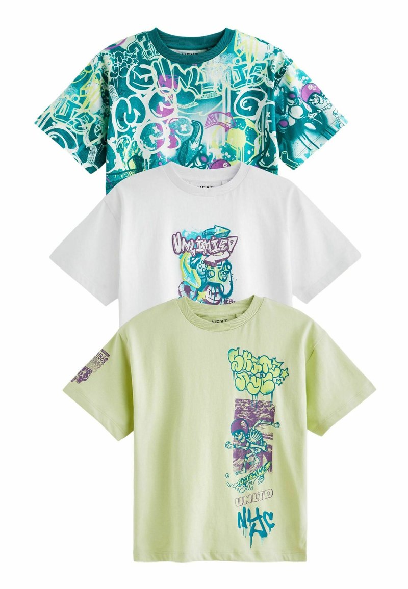 Next SHORT SLEEVE GRAPHIC 3 PACK STANDARD - Apdrukāts T-krekls - lime green white graffiti