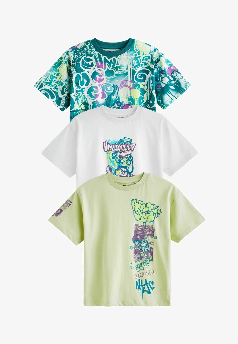 Next SHORT SLEEVE GRAPHIC 3 PACK STANDARD - T-Shirt print - lime green white graffiti