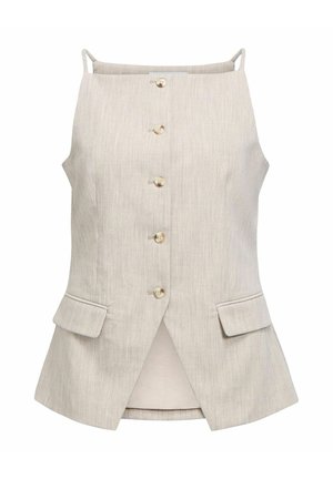 Bézs színű, ujjatlan, testhezálló mellény elöl gombokkal, két zsebfedővel és enyhe elülső hasítékkal, női divatra tervezve.