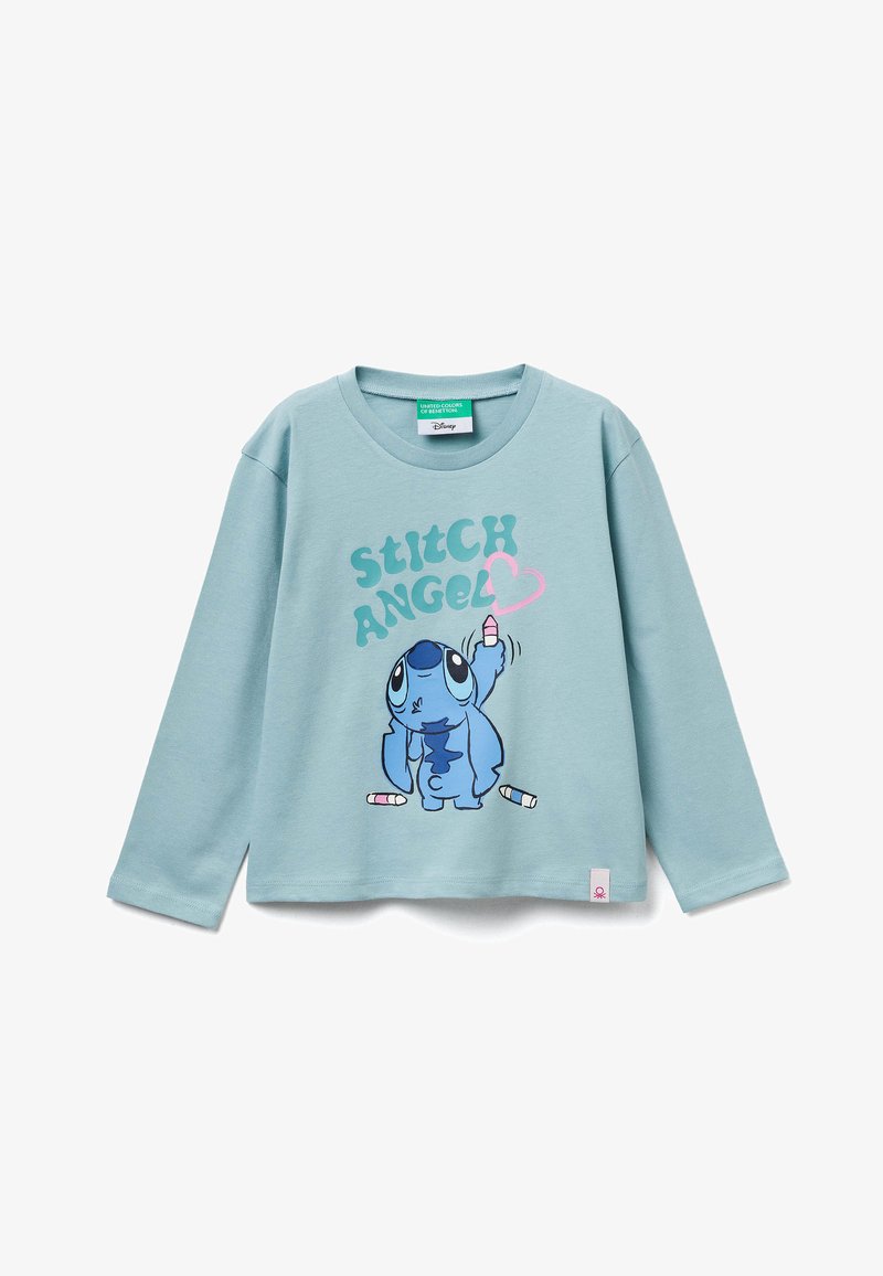 Jasnoniebieska koszula z długim rękawem z postacią z kreskówki i napisem "STITCH ANGEL", z kolorowymi markerami, wykonana z miękkiego materiału bawełnianego.