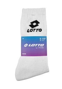 Weiße Baumwollsocken mit gerippter Textur und schwarzem "Lotto"-Logo. Verpackt mit lila und blauen Etikett, das die Größen EU 43-46 angibt.