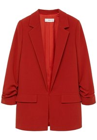 Rode blazer van gladde stof met een reverskraag, open voorzijde en twee steekzakken aan de voorkant. Heeft opgerolde mouwen en een getailleerde pasvorm.