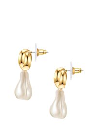 Orecchini in tonalità oro con un design annodato e una goccia di perla bianca di forma irregolare. Retro trasparente per una vestibilità sicura.