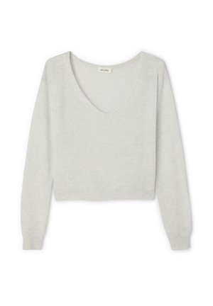 Pull court gris clair à manches longues, doté d'un décolleté en V profond et d'un ourlet côtelé. Fabriqué en matériau tricoté doux et texturé.