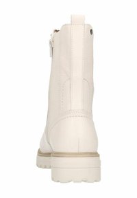Stivaletti alla caviglia in pelle bianca con una superficie liscia, zip laterale e suola robusta. Dotati di un inserto sul retro per facilitarne l'indossamento.